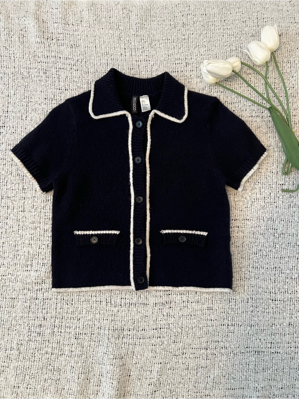 Navy Button-Front Knit Top with Cream Trim